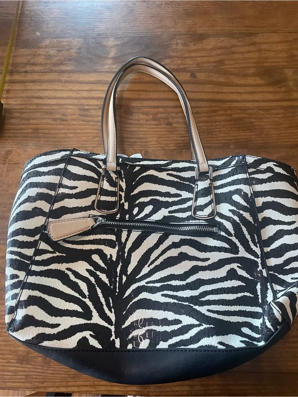 GUESS Zebra-Print Tote with Flower Charm Bag Purse Stylish